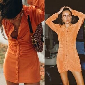 With Jean | Andy Dress Maple Ruched Front Slinky Shirt Dress Orange XS